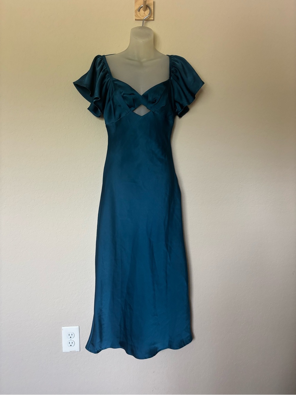 Teal Satin Maxi Dress with Flutter Sleeves and Front Cutout